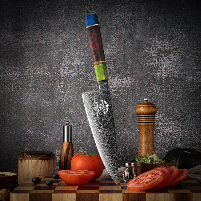 Solstice Knives - Solstice Japanese Damascus Chef Knife with Exotic Maple Burl Wood Handle - Shokunin USA