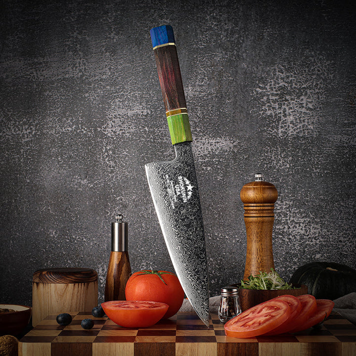 Solstice Knives - Solstice Japanese Damascus Chef Knife with Exotic Maple Burl Wood Handle - Shokunin USA