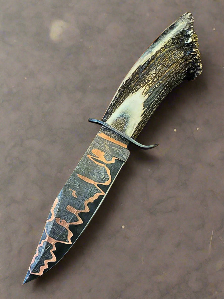 Hunting Knives - Crusader Copper &amp; 1095 Damascus Hunting Knife with Antler Handle - Shokunin USA