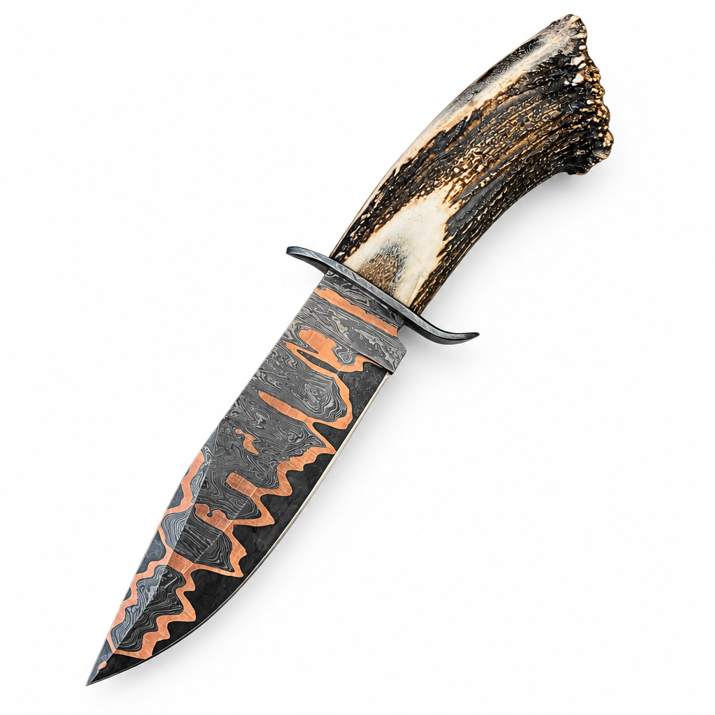 Crusader Copper &amp; 1095 Damascus Hunting Knife with Antler Handle