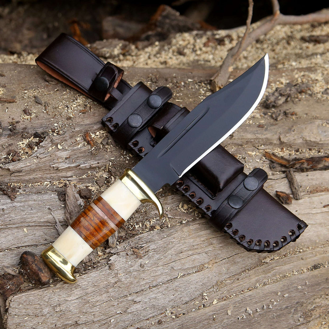 Custom Bowie Knife - Vindicator Custom Bowie Knife with Bone &amp; Stacked Leather Handle - Shokunin USA