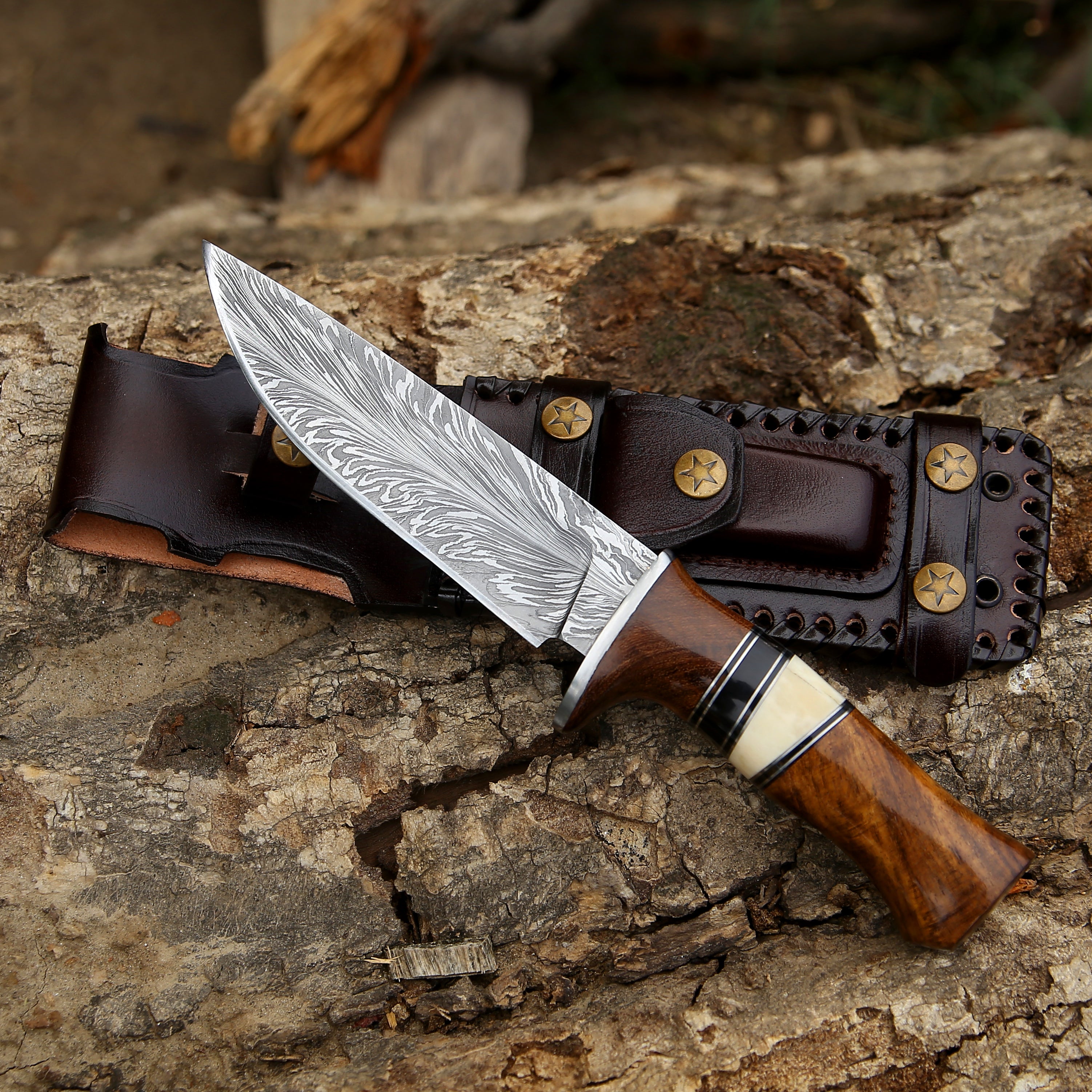 Custom Hunting Knife - Annihilator Custom Feather Damascus Hunting Knife with Exotic Rose Wood Handle - Shokunin USA
