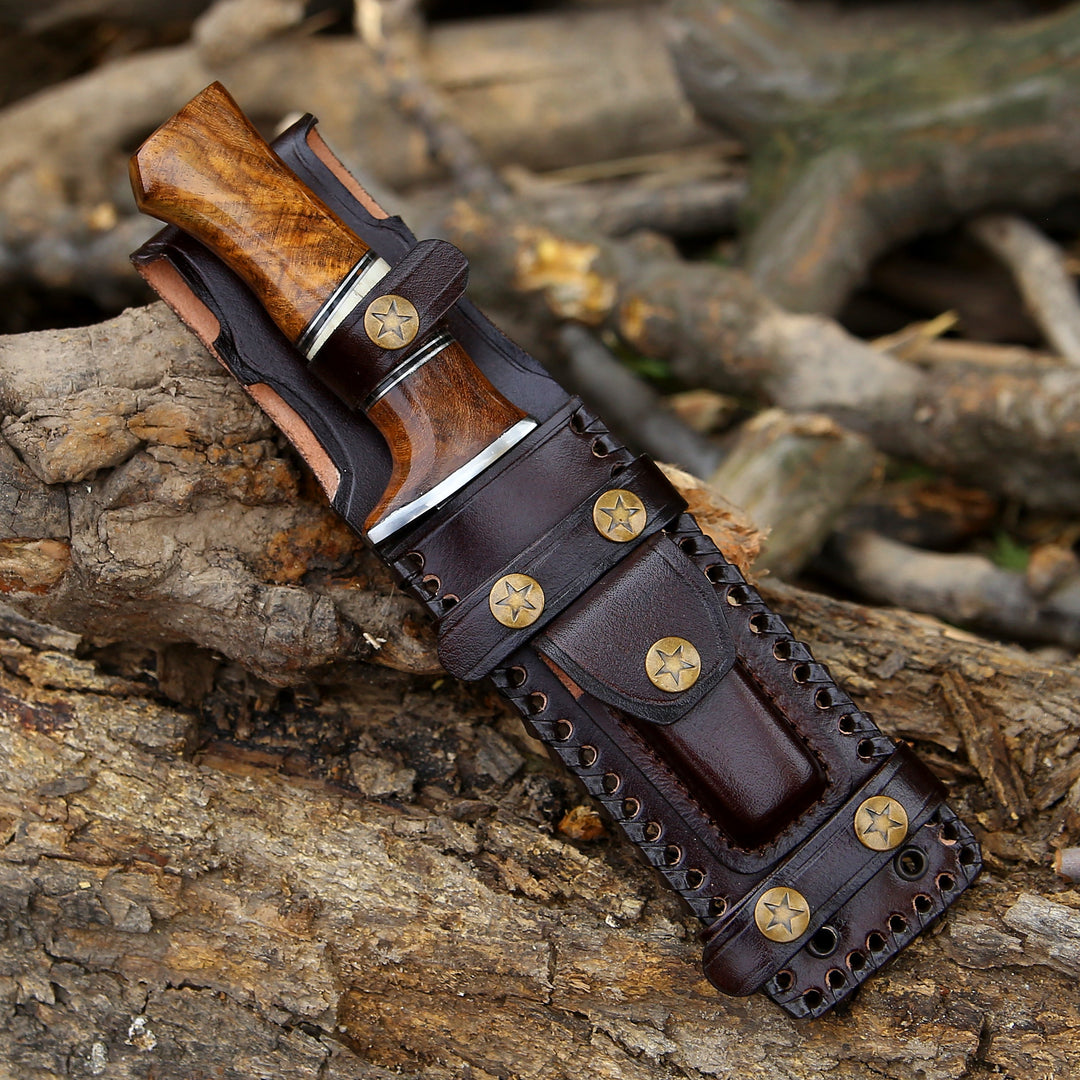 Annihilator Damascus Knives - Annihilator Custom Feather Damascus Hunting Knife with Exotic Rose Wood Handle - Shokunin USA