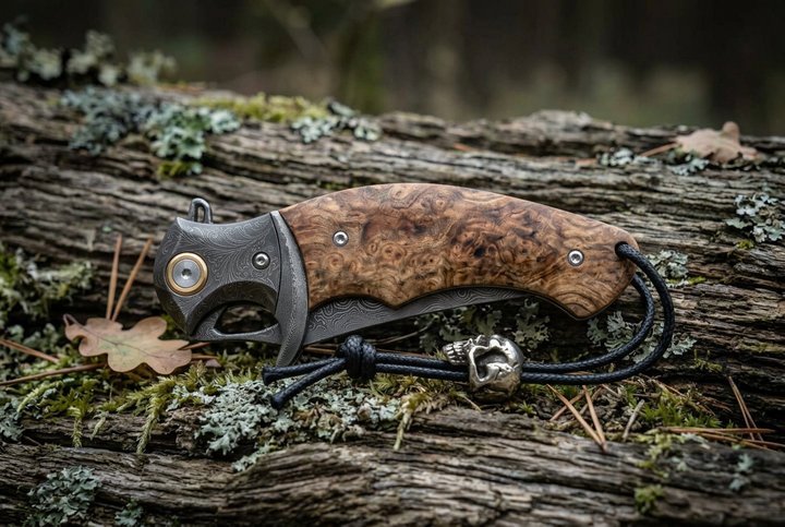 Crest Japanese Damascus Pocket knife with Maple Burl Handle