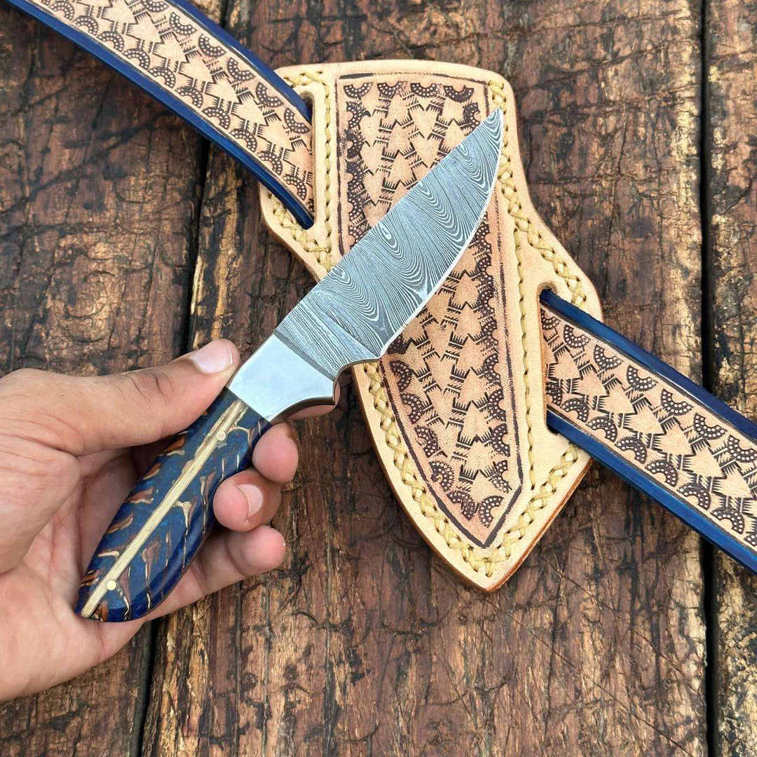 Fixed blade knife. - Rio Grande Damascus Skinner Knife with Handtooled Sheath &amp; Belt - Shokunin USA