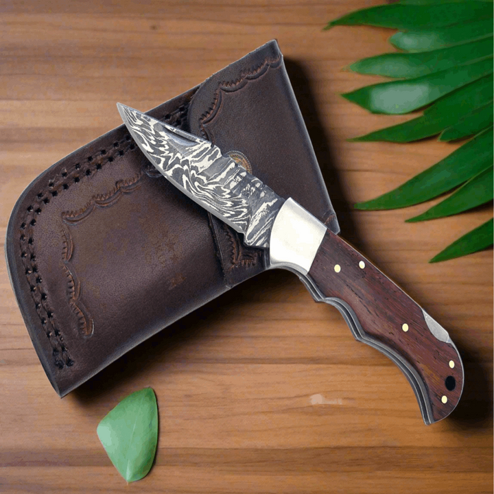 Excalibur Damascus Pocket Knife with Exotic Red Heart Wood Handle