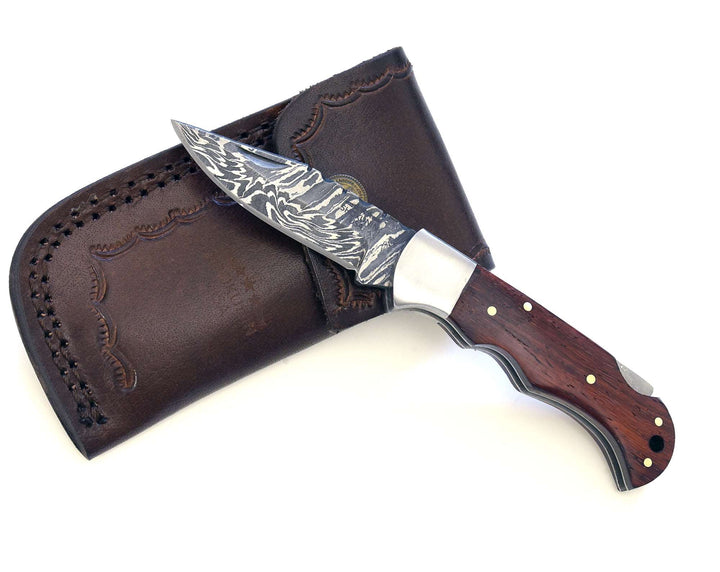 Damascus Knife - Excalibur Damascus Pocket Knife with Exotic Red Heart Wood Handle - Shokunin USA