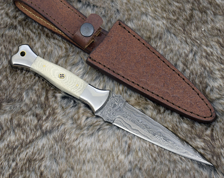 Damascus Knife - Prowler Damascus Fixed Blade Knife with G10 Handle & Leather Sheath - Shokunin USA