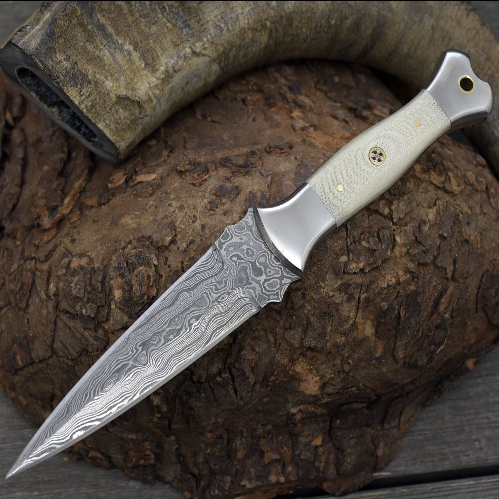 Damascus Knife - Prowler Damascus Fixed Blade Knife with G10 Handle & Leather Sheath - Shokunin USA