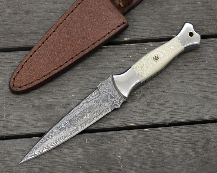 Damascus Knife - Prowler Damascus Fixed Blade Knife with G10 Handle & Leather Sheath - Shokunin USA