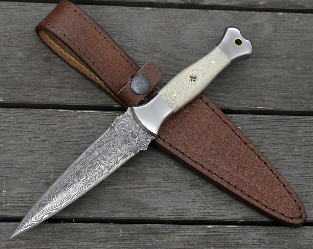 Damascus Knife - Prowler Damascus Fixed Blade Knife with G10 Handle & Leather Sheath - Shokunin USA