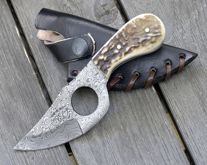 Damascus Knife - Shadowstalker Damascus Skinning Knife, Damascus Knife Stagorn Handle with Leather Sheath - Shokunin USA