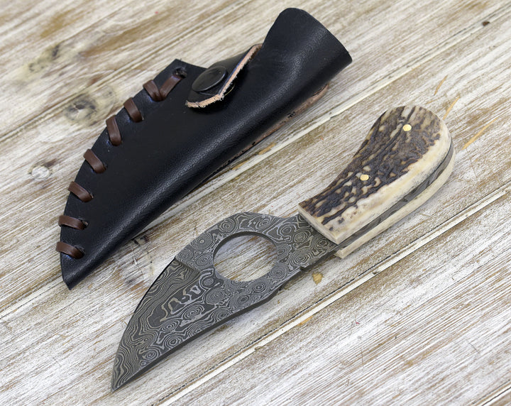 Damascus Knife - Shadowstalker Damascus Skinning Knife, Damascus Knife Stagorn Handle with Leather Sheath - Shokunin USA