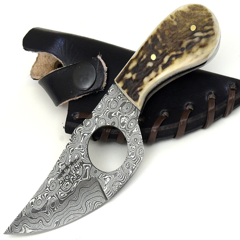 Damascus Knife - Shadowstalker Damascus Skinning Knife, Damascus Knife Stagorn Handle with Leather Sheath - Shokunin USA