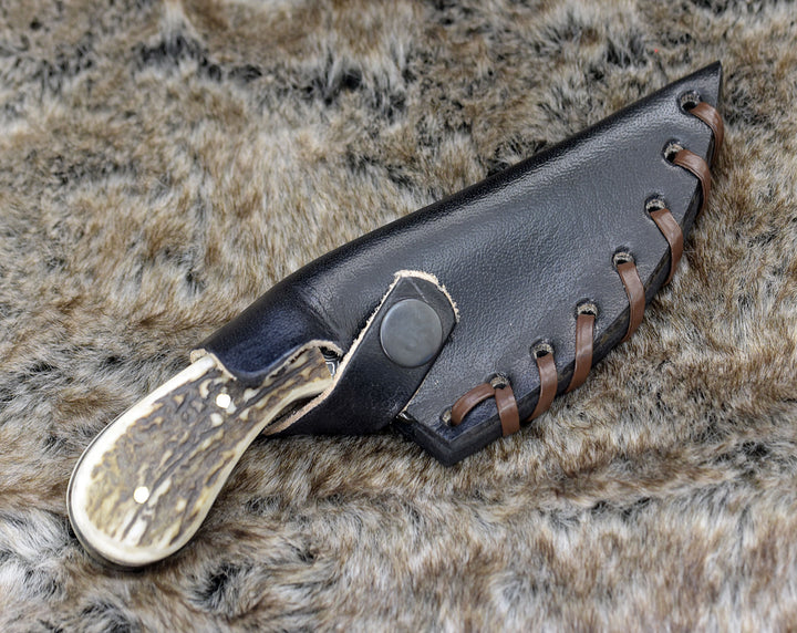 Damascus Knife - Shadowstalker Damascus Skinning Knife, Damascus Knife Stagorn Handle with Leather Sheath - Shokunin USA