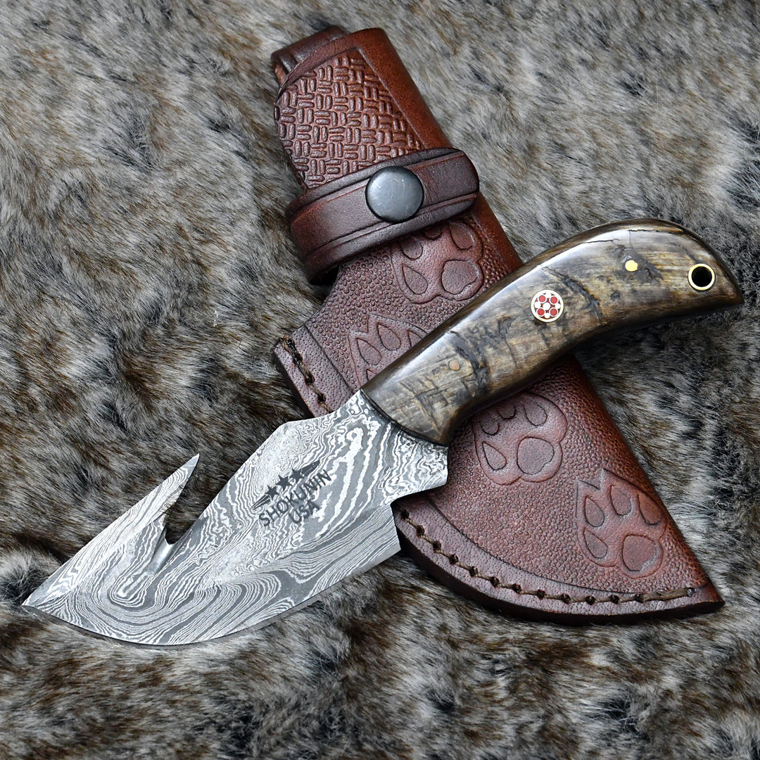 Damascus Knife - Master Gut Hook Knife with Ram Horn and Turquoise Handle - Shokunin USA