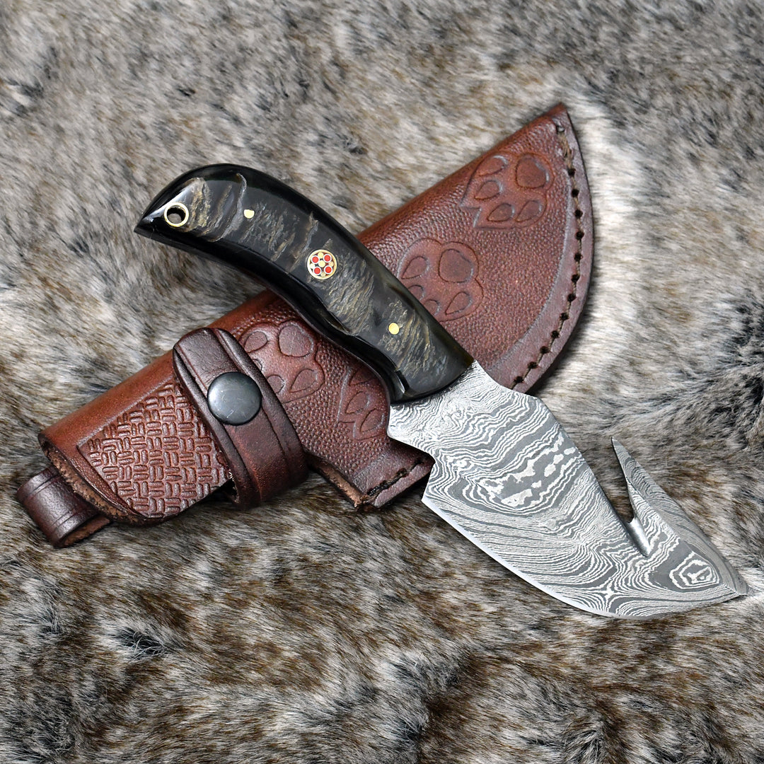 Damascus Knife - Master Gut Hook Knife with Ram Horn and Turquoise Handle - Shokunin USA