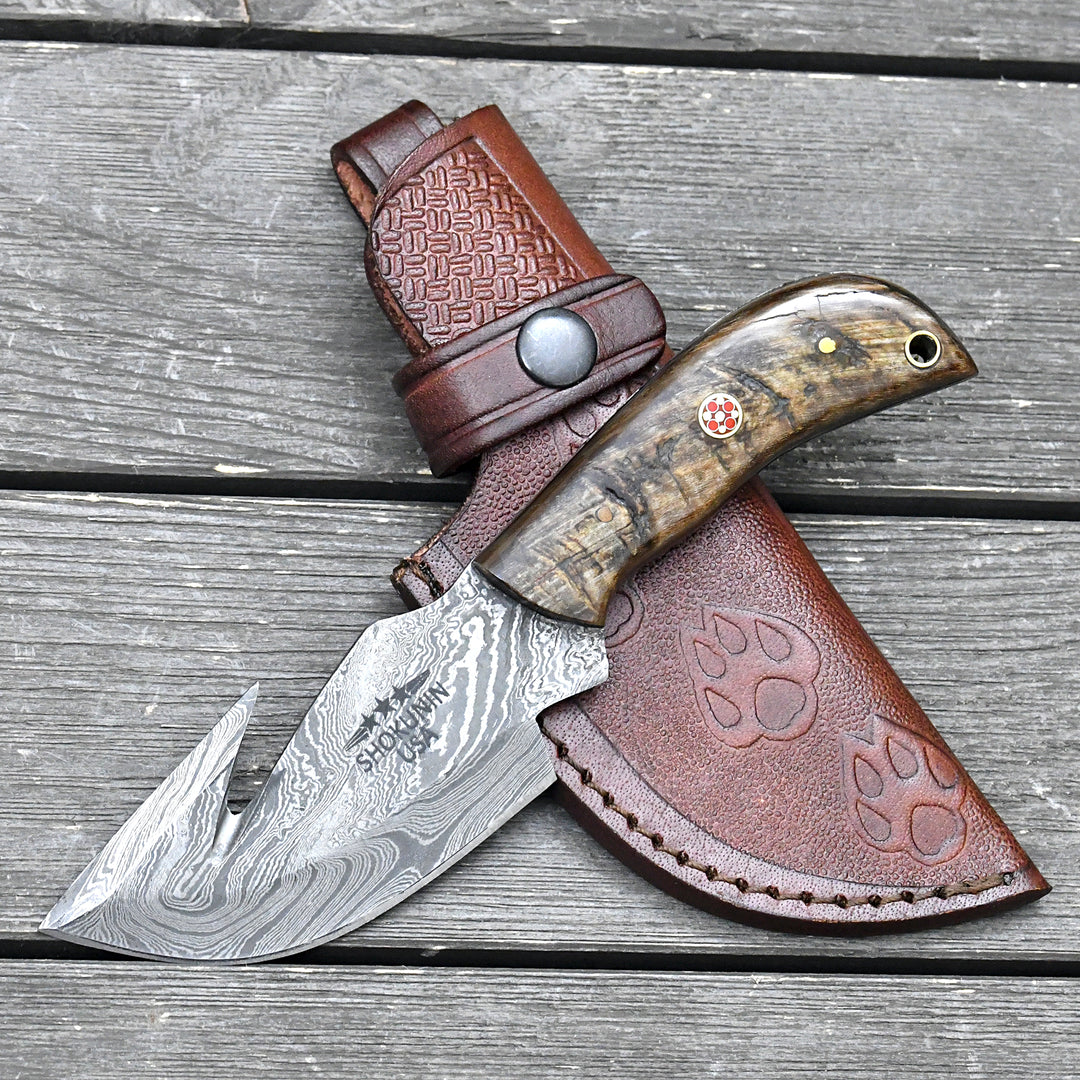 Damascus Knife - Master Gut Hook Knife with Ram Horn and Turquoise Handle - Shokunin USA