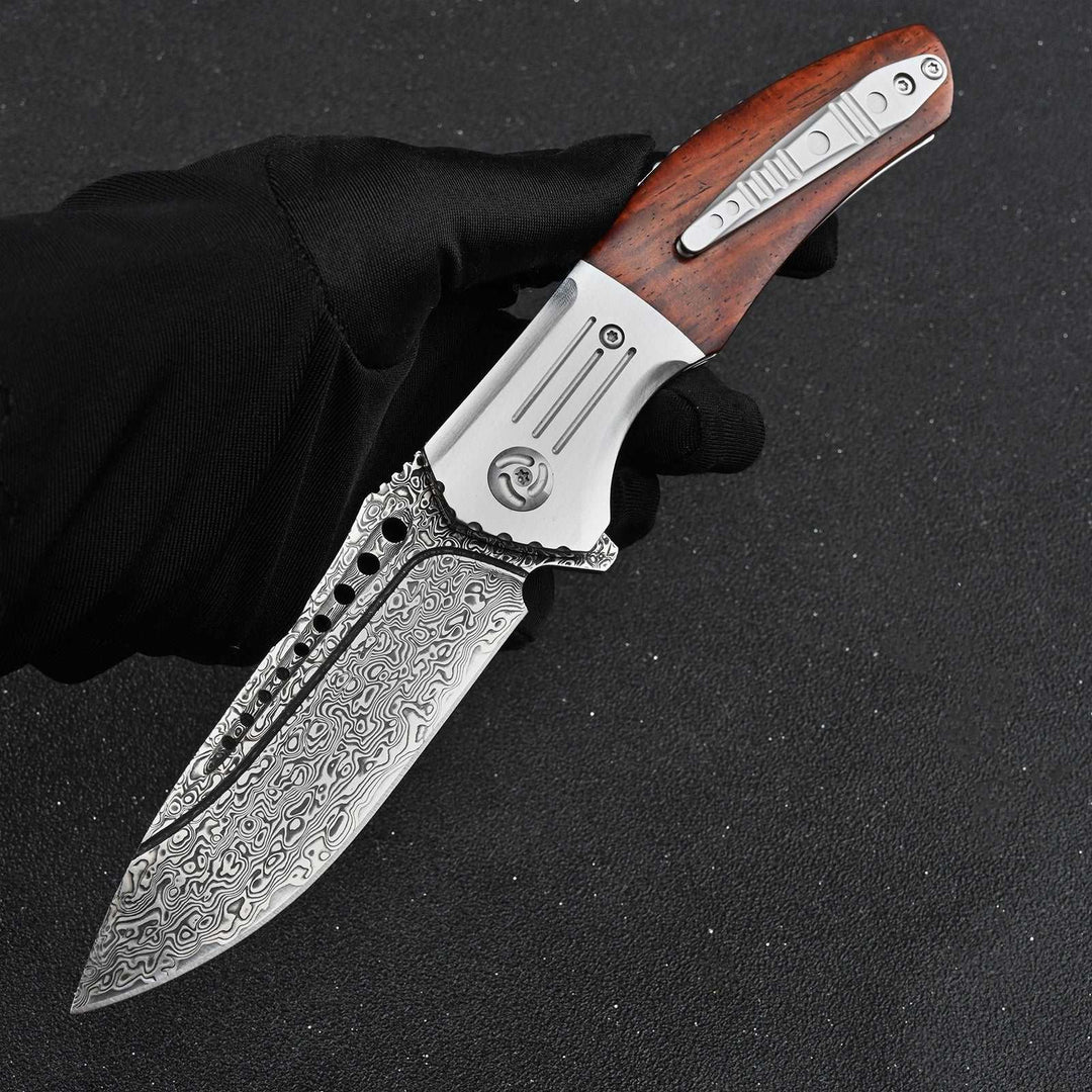 Pocket Knife - Ironbark Damascus Pocket Knife Set With Exotic Red Sandalwood Handle, Clip & Sheath - Shokunin USA