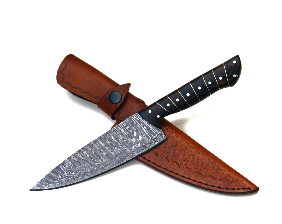 Chef knife - Noble 6" Damascus Chef Knife with Exotic Wenge Wood Handle & Leather Sheath - Shokunin USA