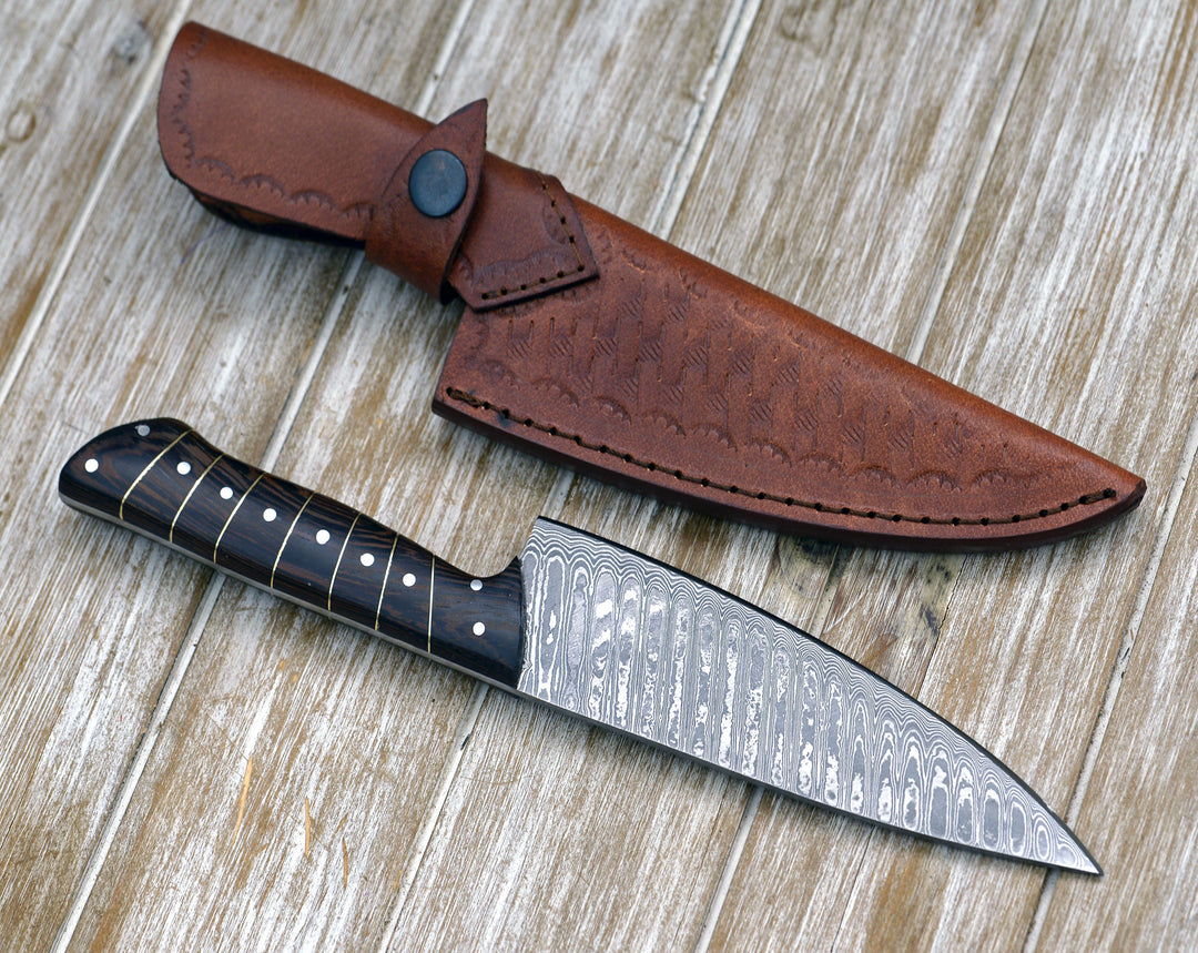 Chef knife - Noble 6" Damascus Chef Knife with Exotic Wenge Wood Handle & Leather Sheath - Shokunin USA