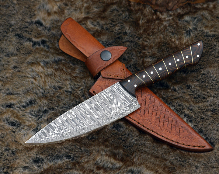 Chef knife - Noble 6" Damascus Chef Knife with Exotic Wenge Wood Handle & Leather Sheath - Shokunin USA