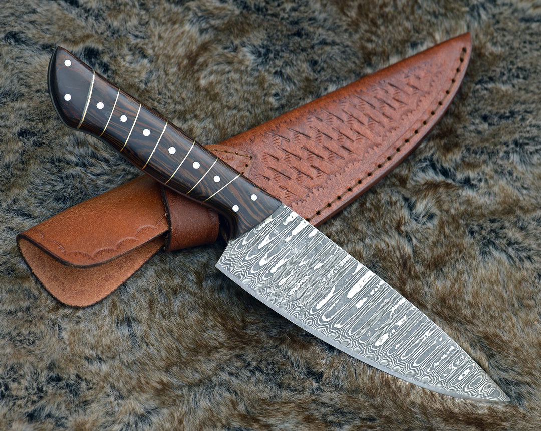 Chef knife - Noble 6" Damascus Chef Knife with Exotic Wenge Wood Handle & Leather Sheath - Shokunin USA