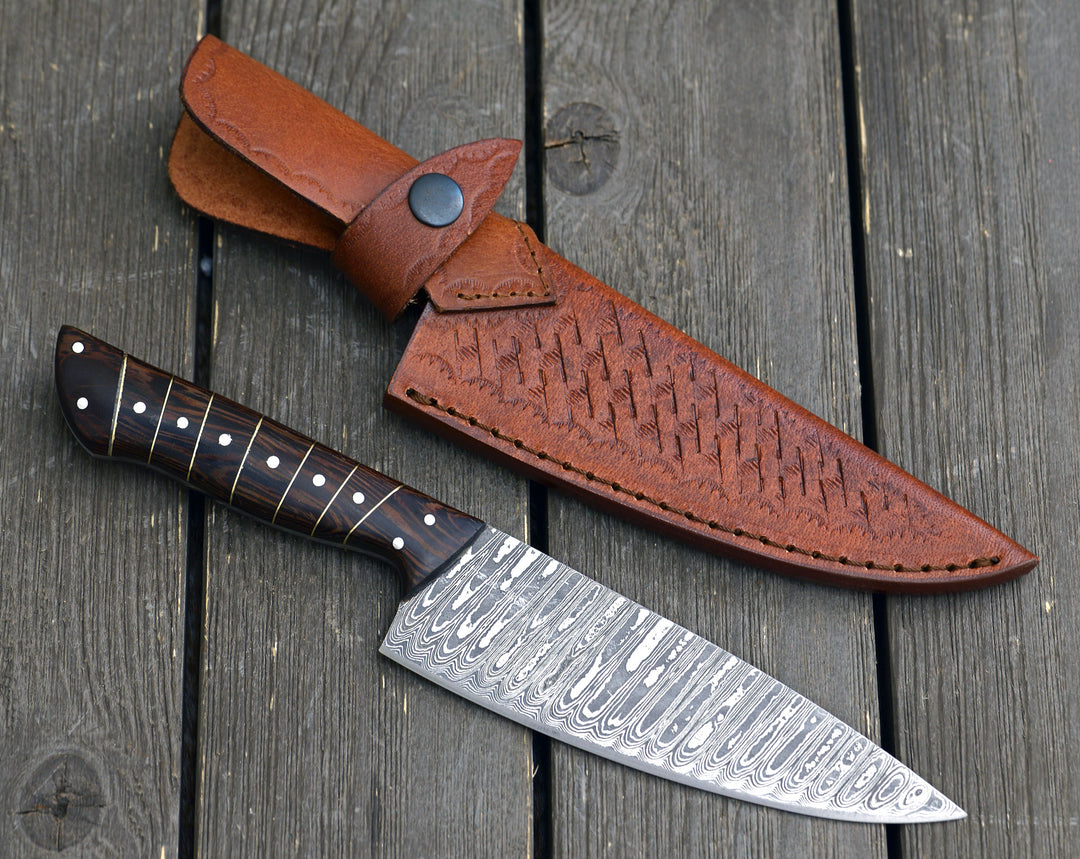 Chef knife - Noble 6" Damascus Chef Knife with Exotic Wenge Wood Handle & Leather Sheath - Shokunin USA