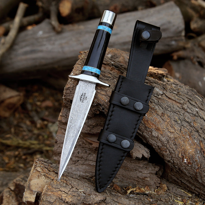 Gut Hook - Oasis Damascus Hunting Fixed Blade Knife with Turquoise and Bull Horn Handle - Shokunin USA