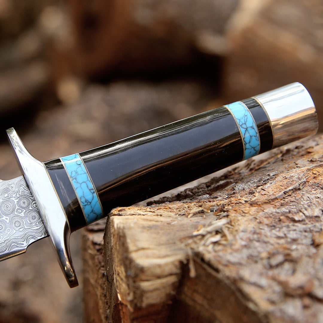 Damascus Gut Hook - Oasis Damascus Hunting Fixed Blade Knife with Turquoise and Bull Horn Handle - Shokunin USA