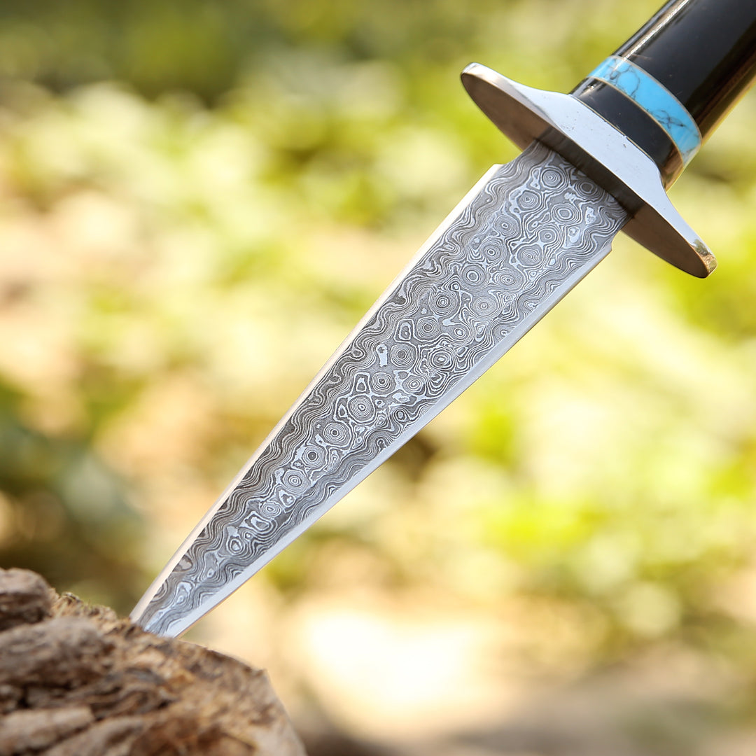 Damascus Knife - Oasis Damascus Hunting Fixed Blade Knife with Turquoise and Bull Horn Handle - Shokunin USA