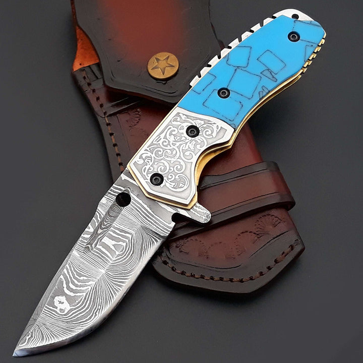 Reckoner Damascus Folding Knife with Turquoise Resin Handle