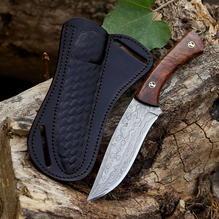 artisan made hunting knife - Bloodhound Handmade Damascus Steel Hunting Knife with Rosewood Handle &amp; Leather Sheath - Shokunin USA