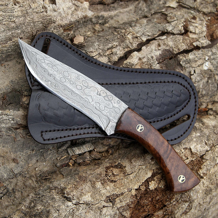 damascus steel hunting knife - Bloodhound Handmade Damascus Steel Hunting Knife with Rosewood Handle &amp; Leather Sheath - Shokunin USA
