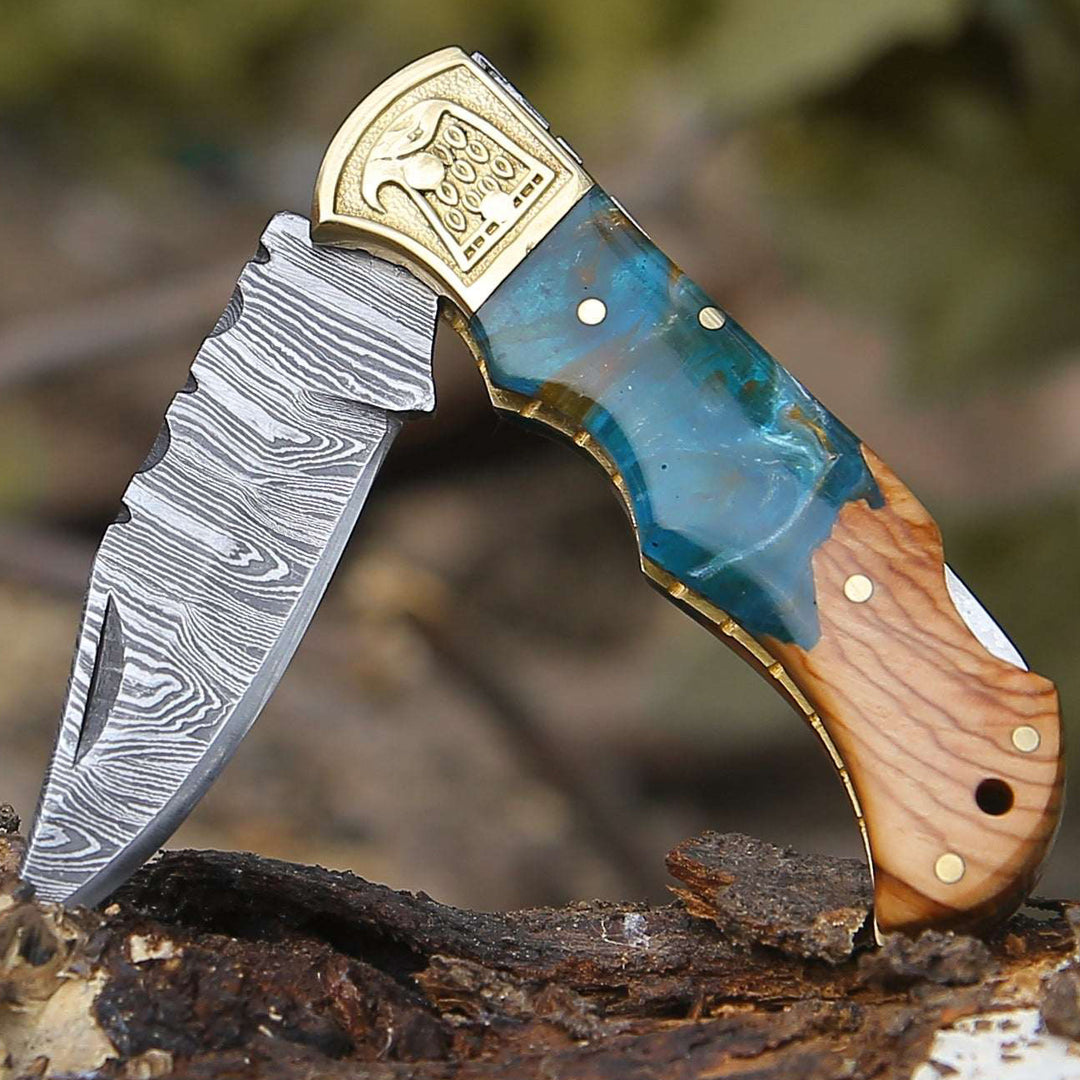 Pocket Knife - Perseus Damascus Pocket Knife with Exotic Olive Wood &amp; Resin Handle - Shokunin USA