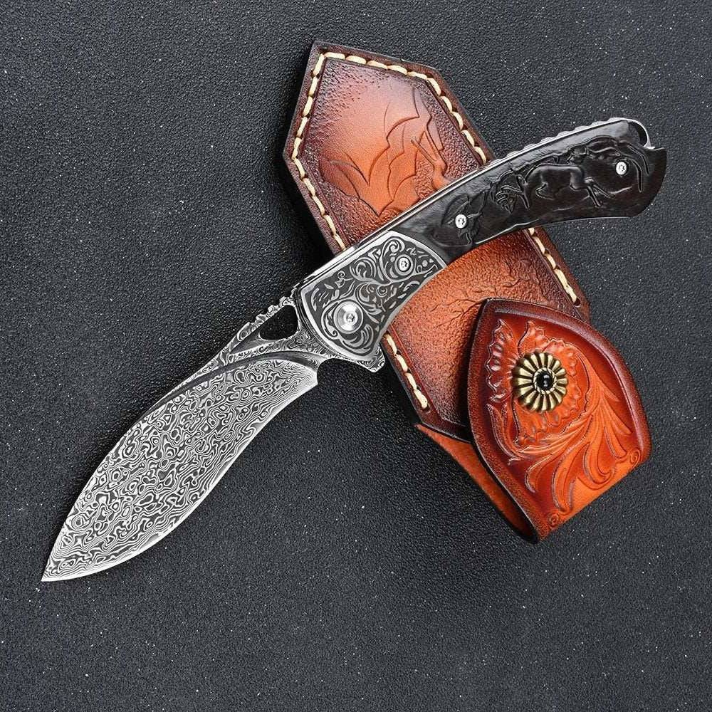 Multitool - Athena VG10 Handmade Damascus Pocket Knife with Clip & Exotic Ebony Wood Handle - Shokunin USA