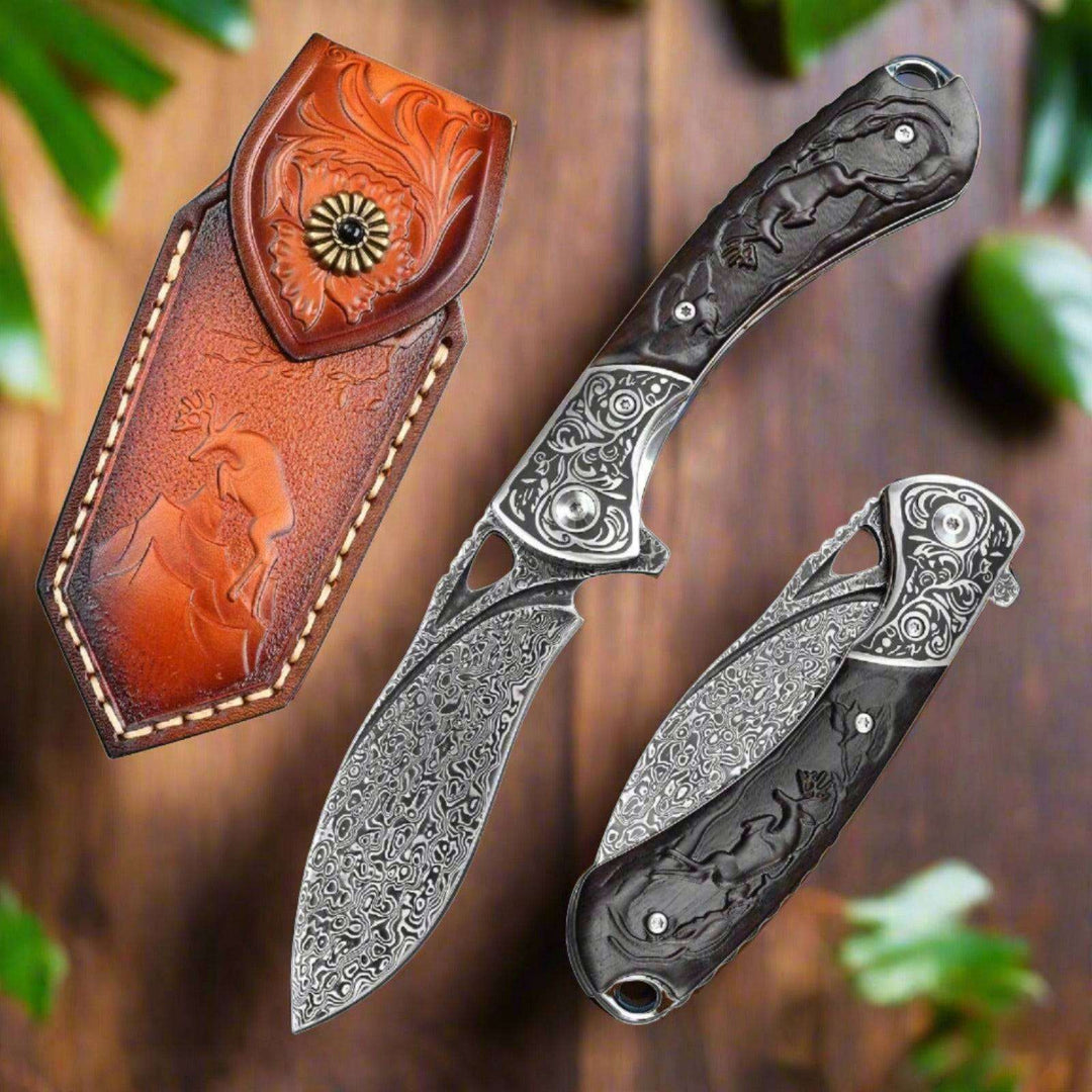 Multitool - Athena VG10 Handmade Damascus Pocket Knife with Clip &amp; Exotic Ebony Wood Handle - Shokunin USA