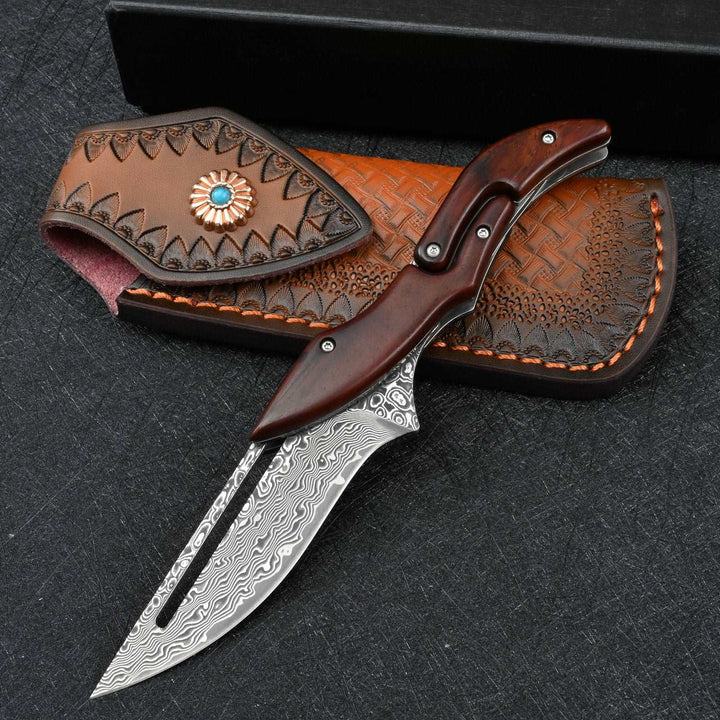 Hera Pocket Knives - Hera Japanese VG10 Slider Damascus Pocket Knife with Exotic Red Sandal Wood Handle - Shokunin USA