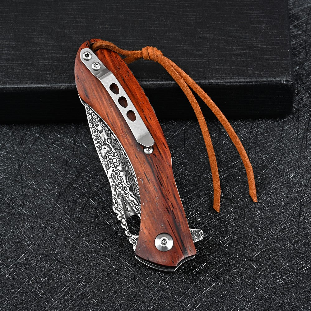 Utility Knife - Meteor Engraved Damascus Steel Pocket Knife with Exotic Red Sandal Wood Handle - Shokunin USA