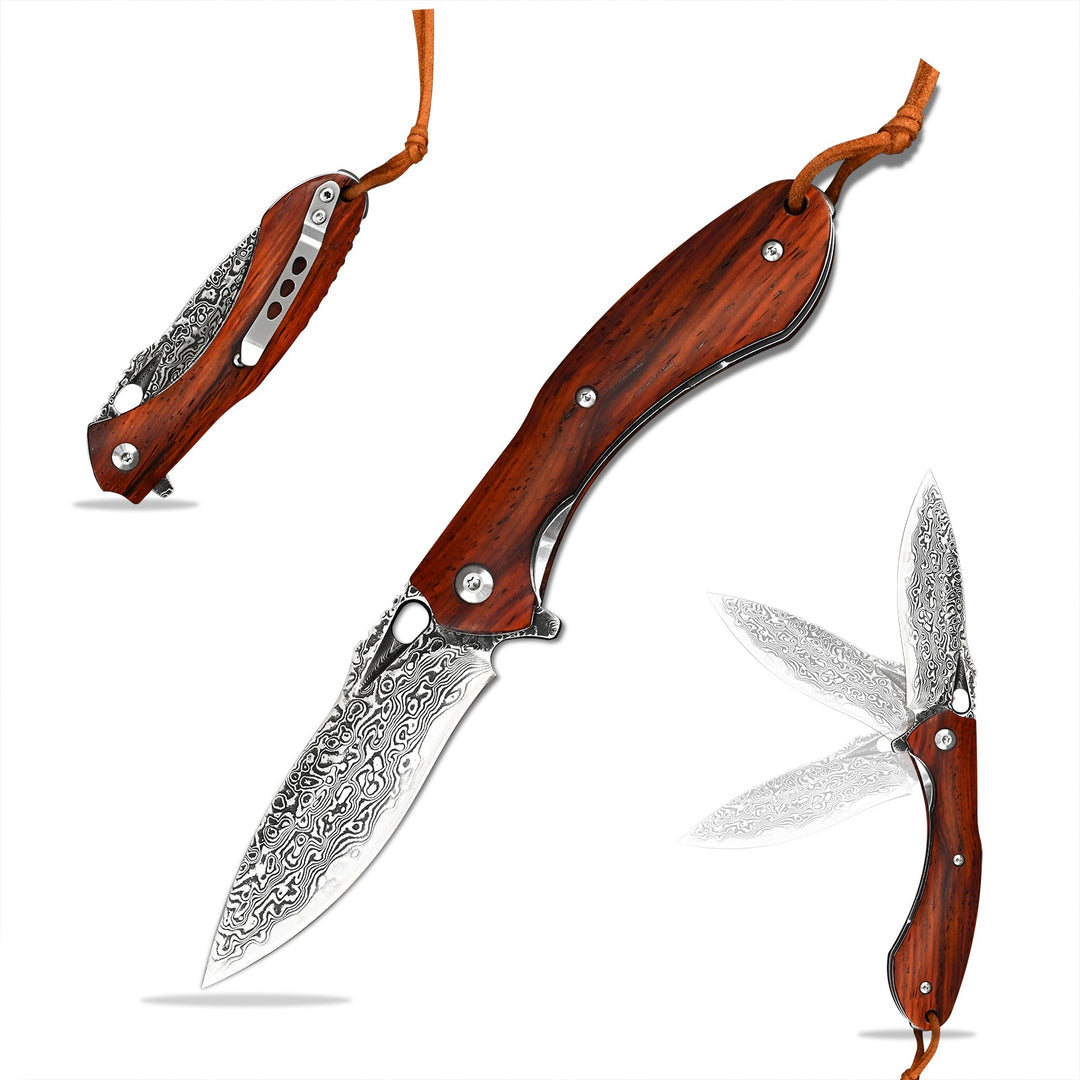 Utility Knife - Meteor Engraved Damascus Steel Pocket Knife with Exotic Red Sandal Wood Handle - Shokunin USA