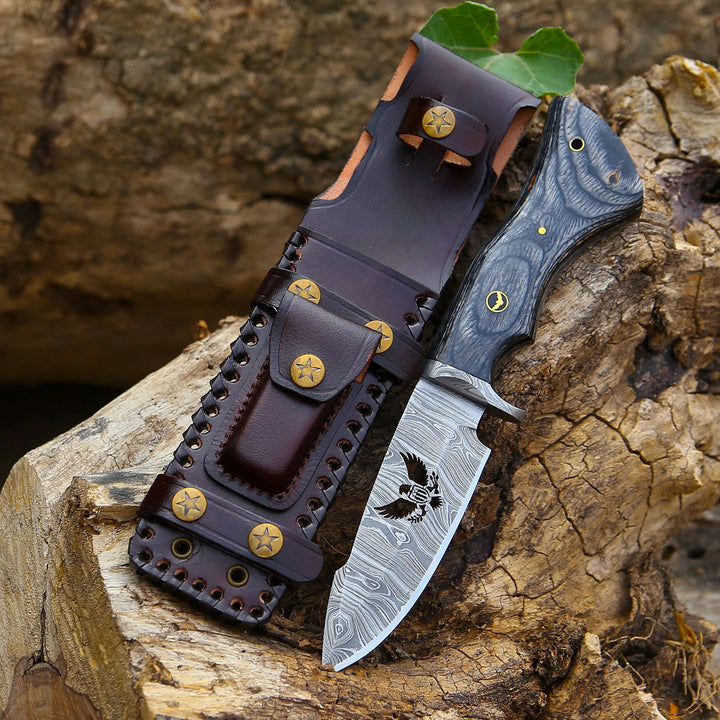 Damascus Knife - Black Reaper 1095 Damascus Hunting Knife with Stained Hardwood Handle &amp; Leather Sheath - Shokunin USA