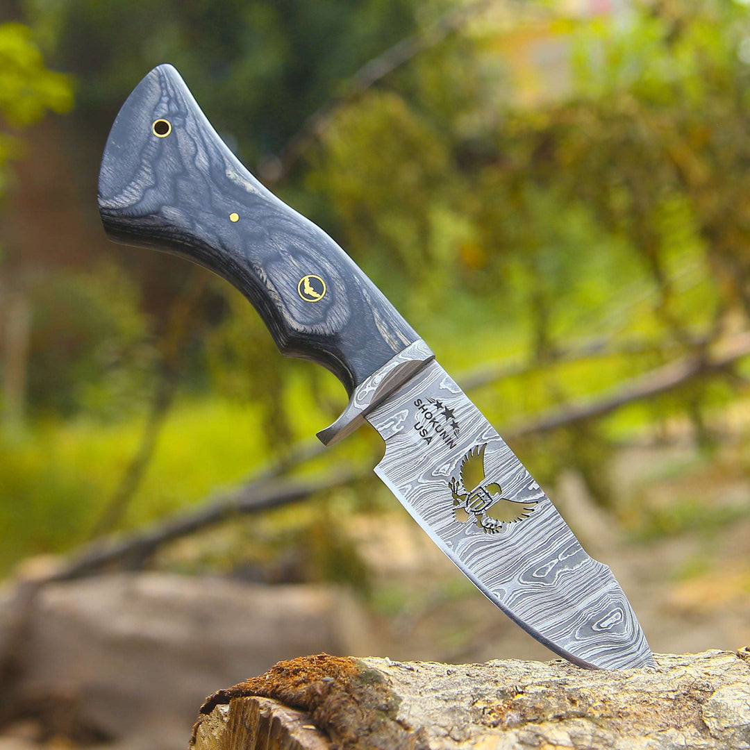 Damascus Knife - Black Reaper 1095 Damascus Hunting Knife with Stained Hardwood Handle &amp; Leather Sheath - Shokunin USA