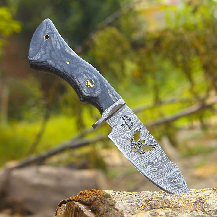 Damascus Knife - Black Reaper 1095 Damascus Hunting Knife with Stained Hardwood Handle &amp; Leather Sheath - Shokunin USA