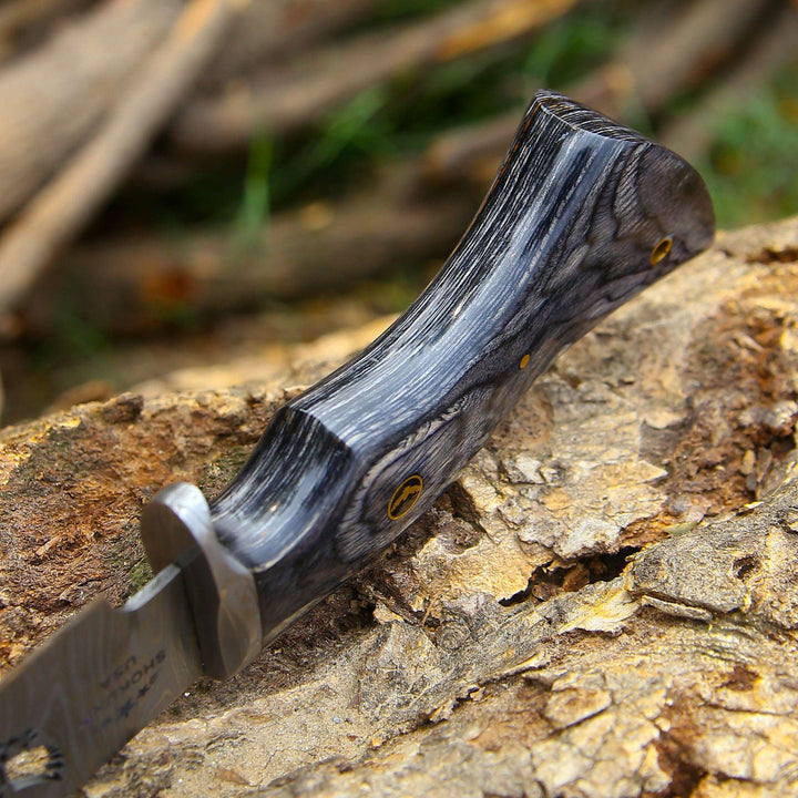 Damascus Knife - Black Reaper 1095 Damascus Hunting Knife with Stained Hardwood Handle &amp; Leather Sheath - Shokunin USA