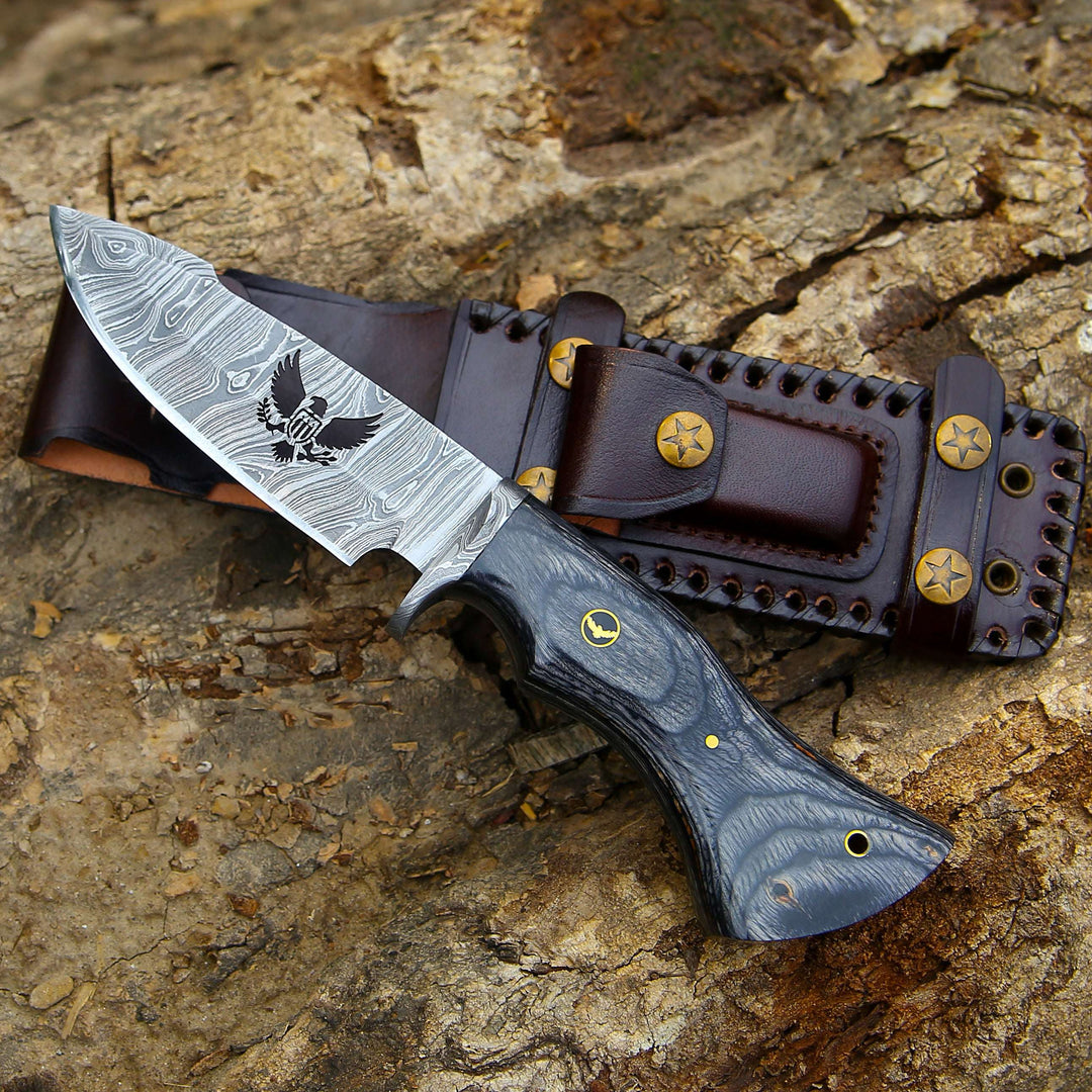 Damascus Knife - Black Reaper 1095 Damascus Hunting Knife with Stained Hardwood Handle &amp; Leather Sheath - Shokunin USA
