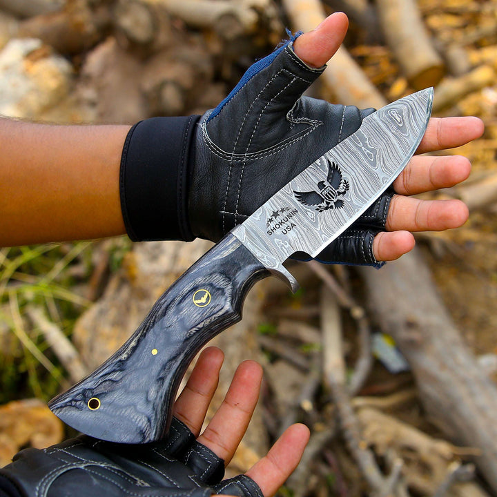 Damascus Knife - Black Reaper 1095 Damascus Hunting Knife with Stained Hardwood Handle &amp; Leather Sheath - Shokunin USA