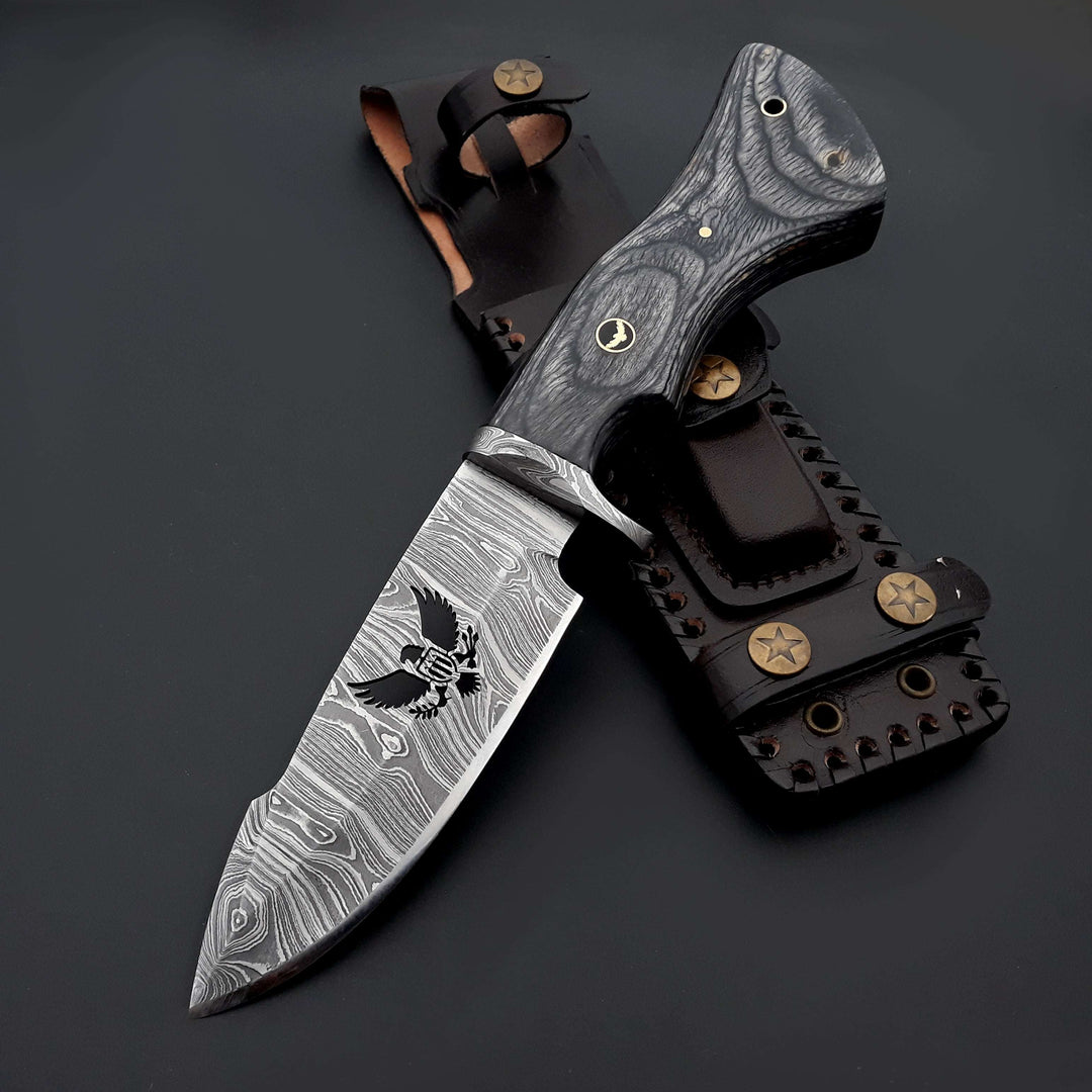Damascus Knife - Black Reaper 1095 Damascus Hunting Knife with Stained Hardwood Handle &amp; Leather Sheath - Shokunin USA