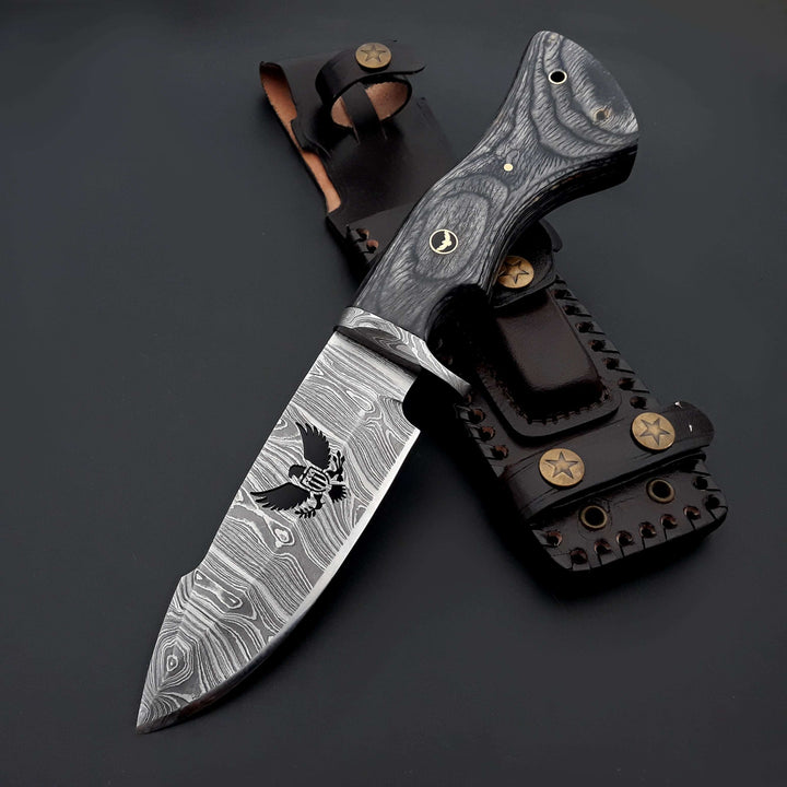Damascus Knife - Black Reaper 1095 Damascus Hunting Knife with Stained Hardwood Handle &amp; Leather Sheath - Shokunin USA