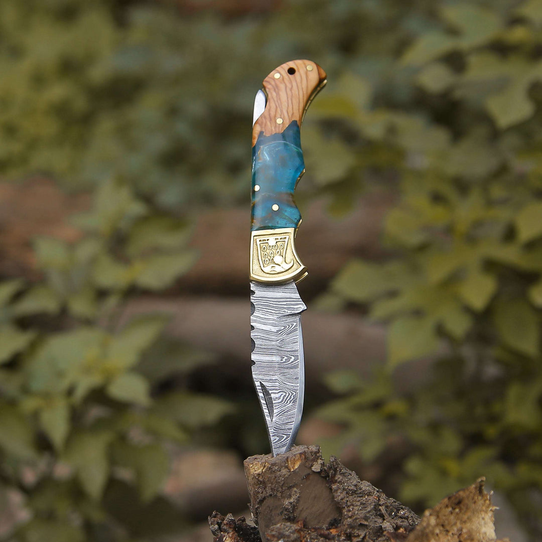 Pocket Knife - Perseus Damascus Pocket Knife with Exotic Olive Wood &amp; Resin Handle - Shokunin USA