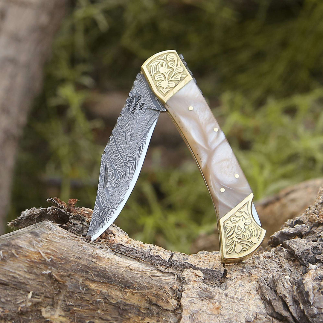 Thunderblade Damascus Knife - Thunderblade Handmade Damascus Pocket Knife with Leather Sheath &amp; Mother of Pearl Resin - Shokunin USA